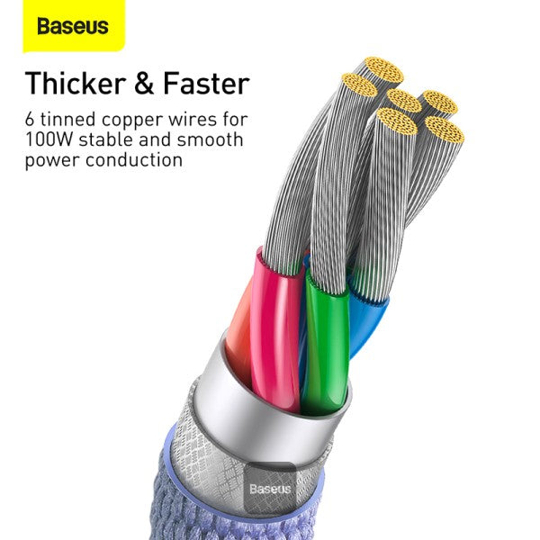 كابل Baseus Crystal Shine Series USB-A إلى كابل بيانات شحن سريع من النوع C بقوة 100 وات 5 أمبير بطول 1.2 متر - أرجواني