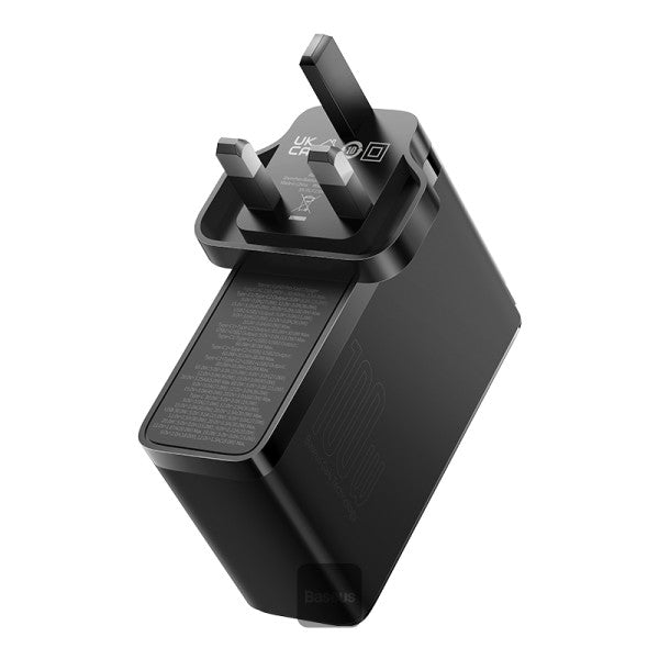 شاحن سريع Baseus GaN5 Pro 100 وات بأربعة منافذ | 2 من النوع C + 2 من USB-A، قابس المملكة المتحدة مع كابل بيانات شحن سريع 100 وات من النوع C (20 فولت/5 أمبير) بطول 1 متر - أسود