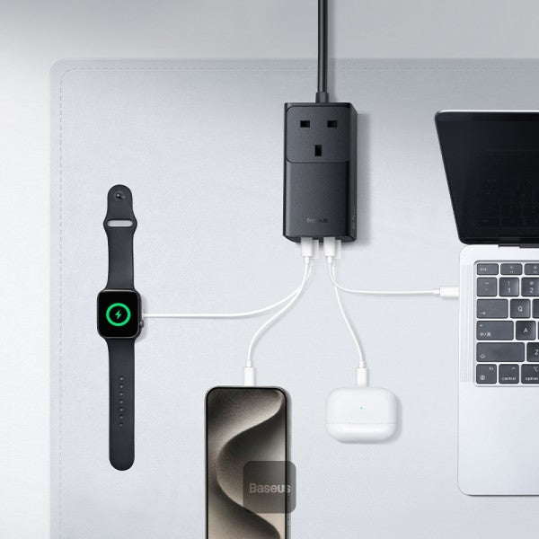 Baseus GaN5 Pro Power Strip 65W Ultimate Charging Station with 5 Ports, 1 AC Power Output, 2 Type-C, 2 USB-A Includes 100W Type-C Cable - Black