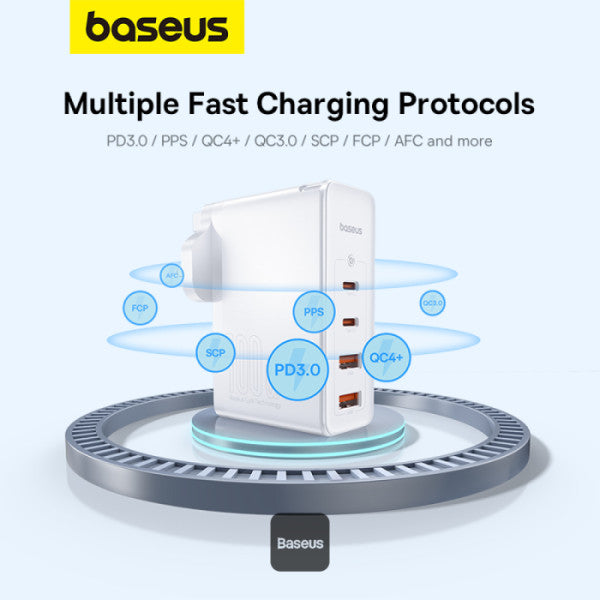 شاحن سريع Baseus GaN5 Pro 100 وات بأربعة منافذ | 2 من النوع C + 2 من USB-A، قابس المملكة المتحدة مع كابل بيانات شحن سريع 100 وات من النوع C (20 فولت/5 أمبير) بطول 1 متر - أبيض