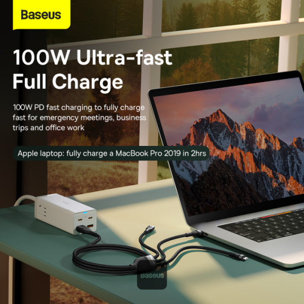 كابل Baseus Flash Series II للشحن السريع بقوة 100 وات متعدد الاستخدامات 3 في 2 | Type-C + USB-A إلى Type C + Lightning + Micro USB بطول 1.2 متر - أسود