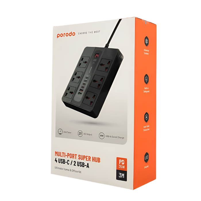 Porodo 6 AC 2 USB-A 24W & 4 USB-C PD 36W Multi-Port Super Hub 2M 3000W UK - Black