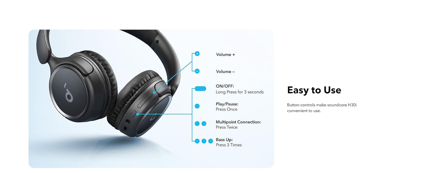 سماعة رأس لاسلكية Anker Soundcore H30i فوق الأذن، أسود، A3012H11