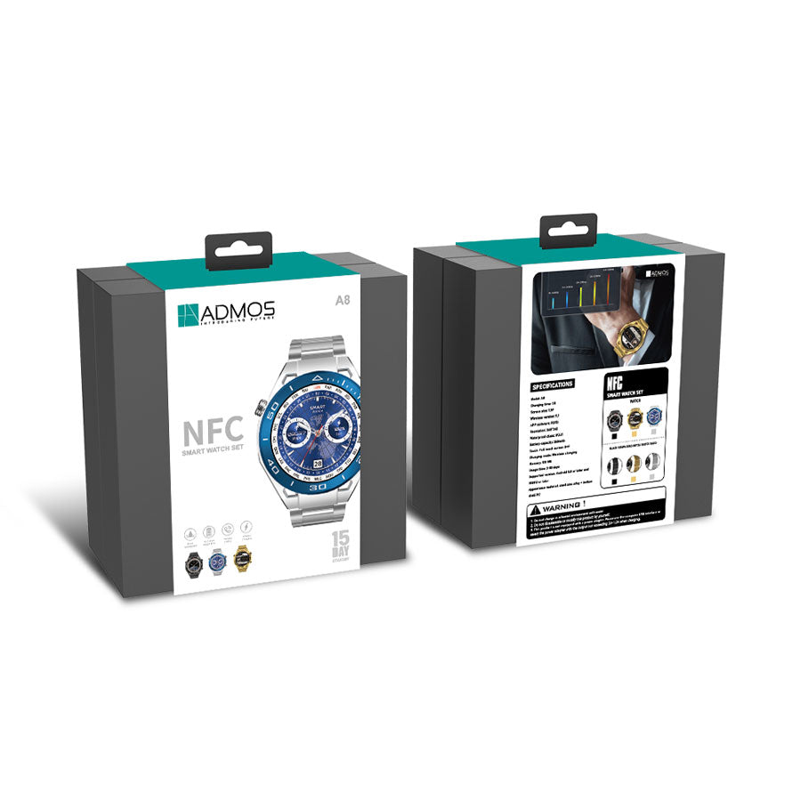 Admos A8 NFC Smart Watch Set - Silver