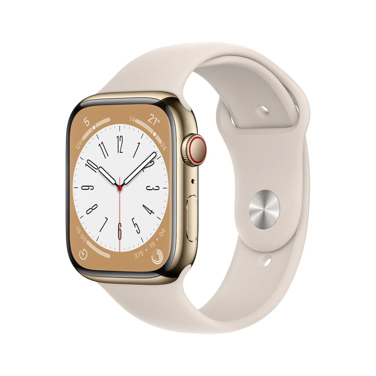 ساعة Apple Watch Series 8 مقاس 45 مم GPS + Cellular هيكل من الفولاذ المقاوم للصدأ باللون الذهبي مع حزام Starlight الرياضي