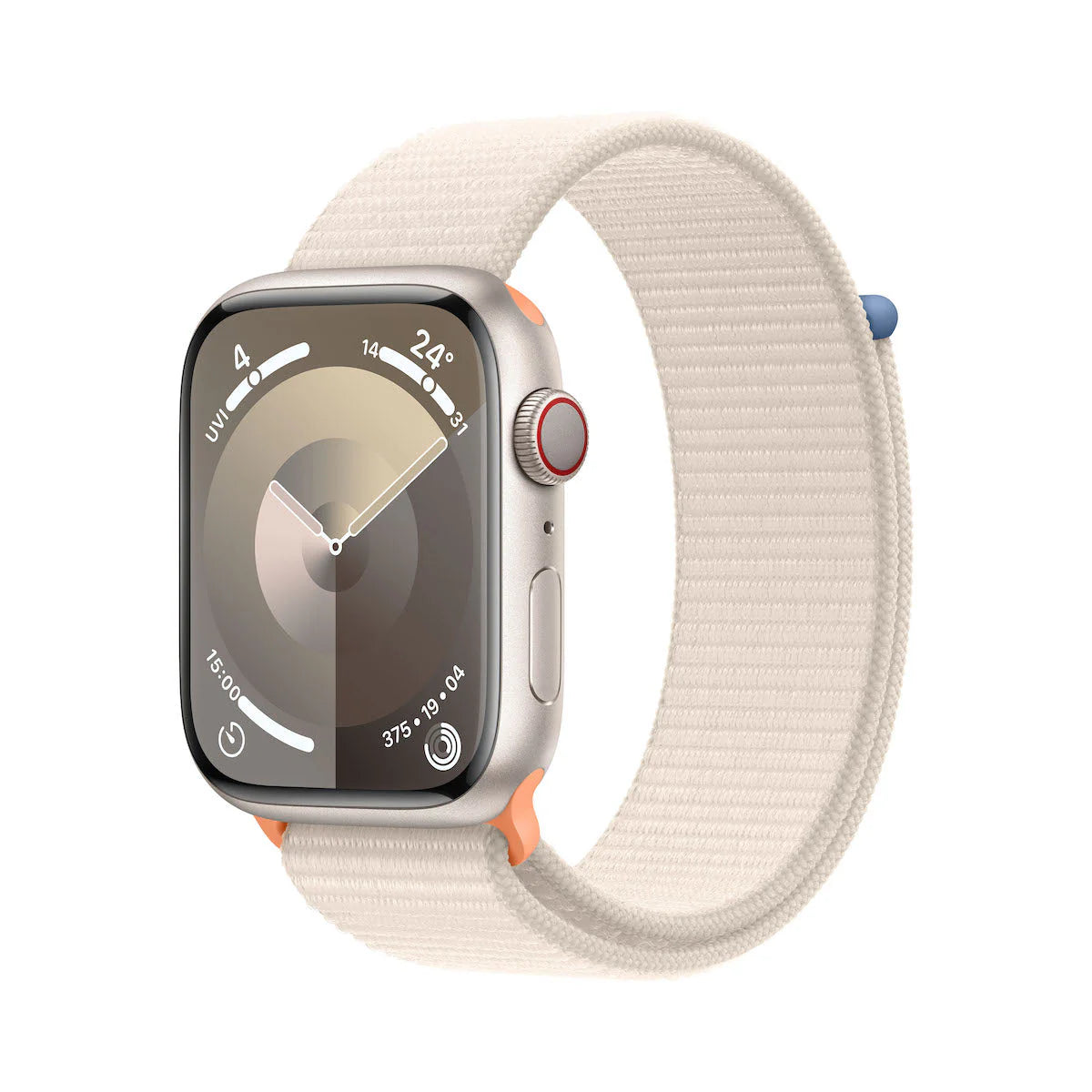 ساعة Apple Watch Series 9، GPS + Cellular، هيكل Starlight من الألومنيوم مقاس 45 مم مع حزام Starlight الرياضي