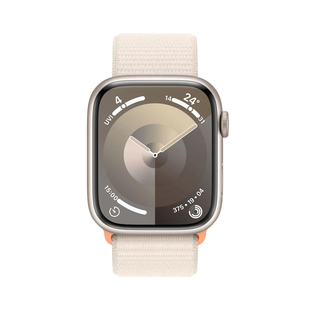 ساعة Apple Watch Series 9، GPS + Cellular، هيكل Starlight من الألومنيوم مقاس 45 مم مع حزام Starlight الرياضي