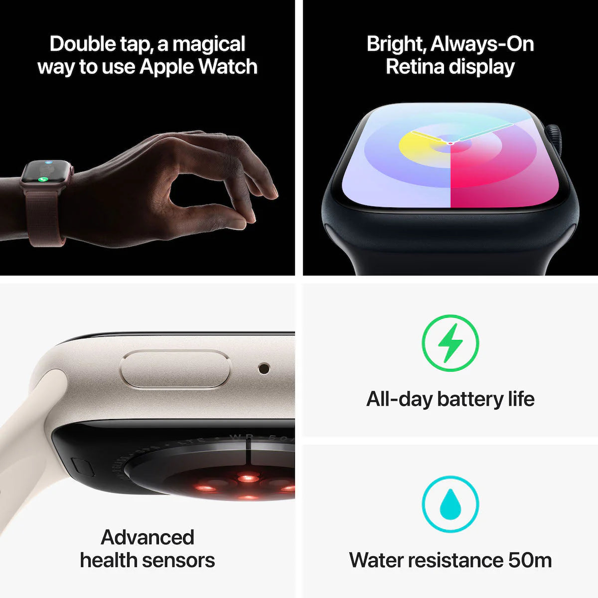 ساعة Apple Watch Series 9، GPS + Cellular، هيكل Starlight من الألومنيوم مقاس 45 مم مع حزام Starlight الرياضي