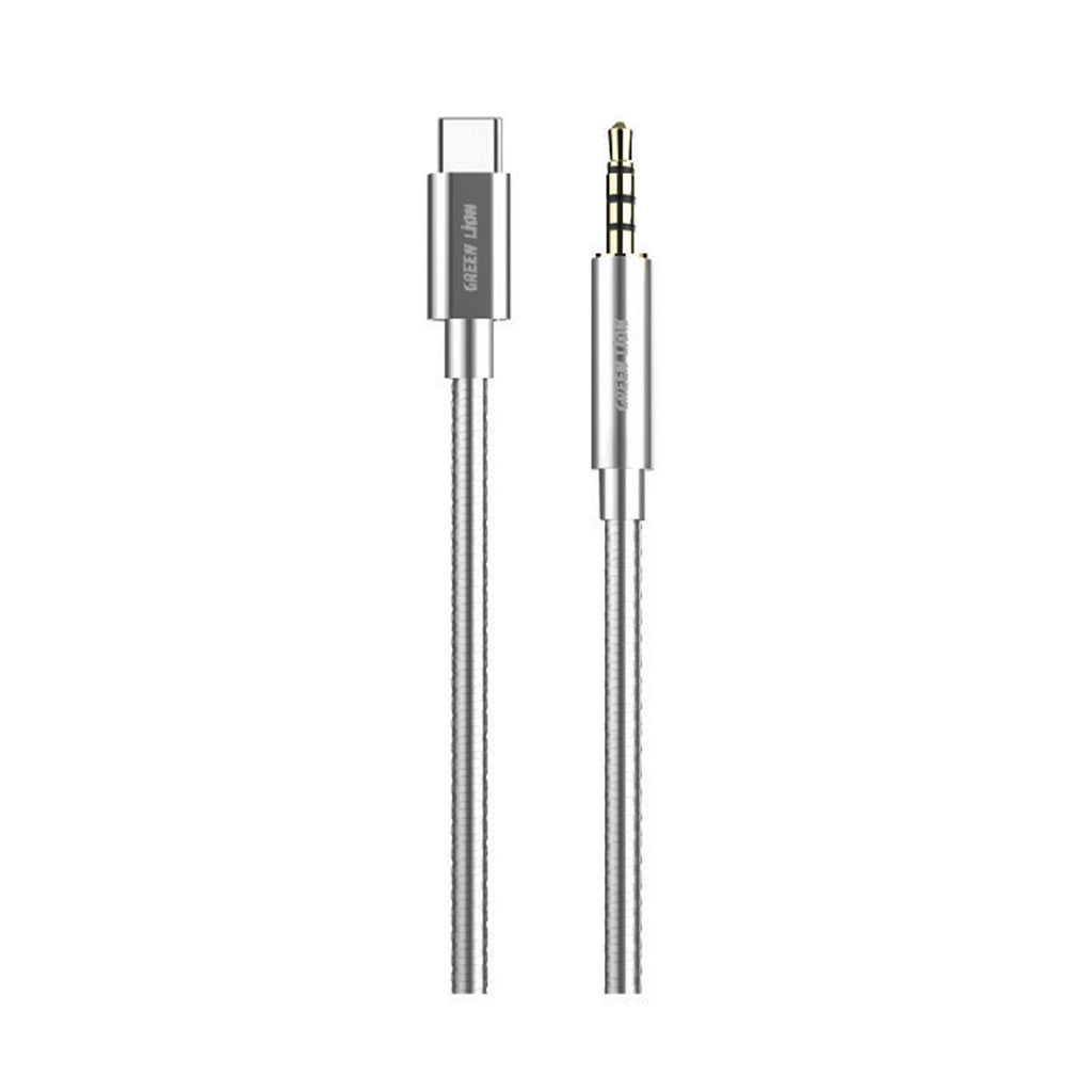كابل Green Lion Non-MFi USB-C إلى AUX 3.5 ملم مطلي بالستانلس ستيل 90 سم - فضي