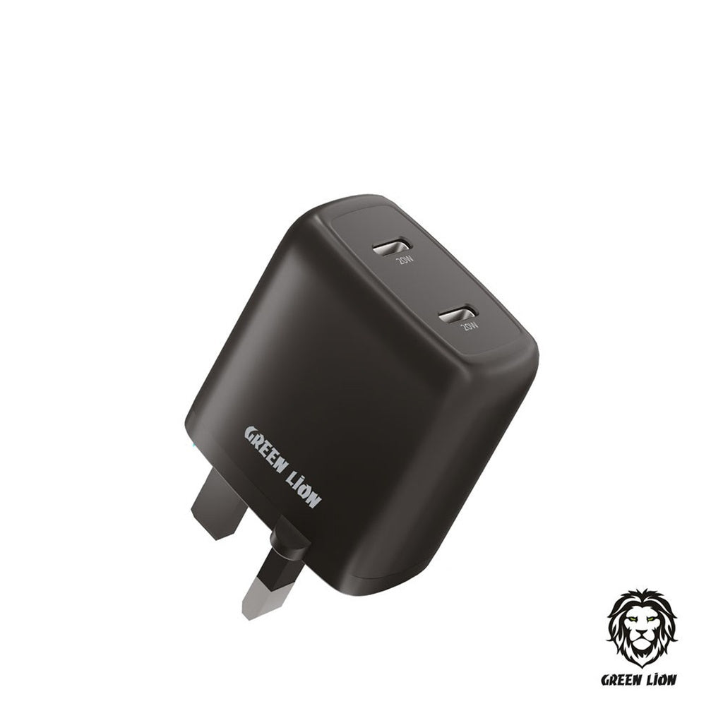 Green Dual Port USB-C Wall Charger 40W UK - Black