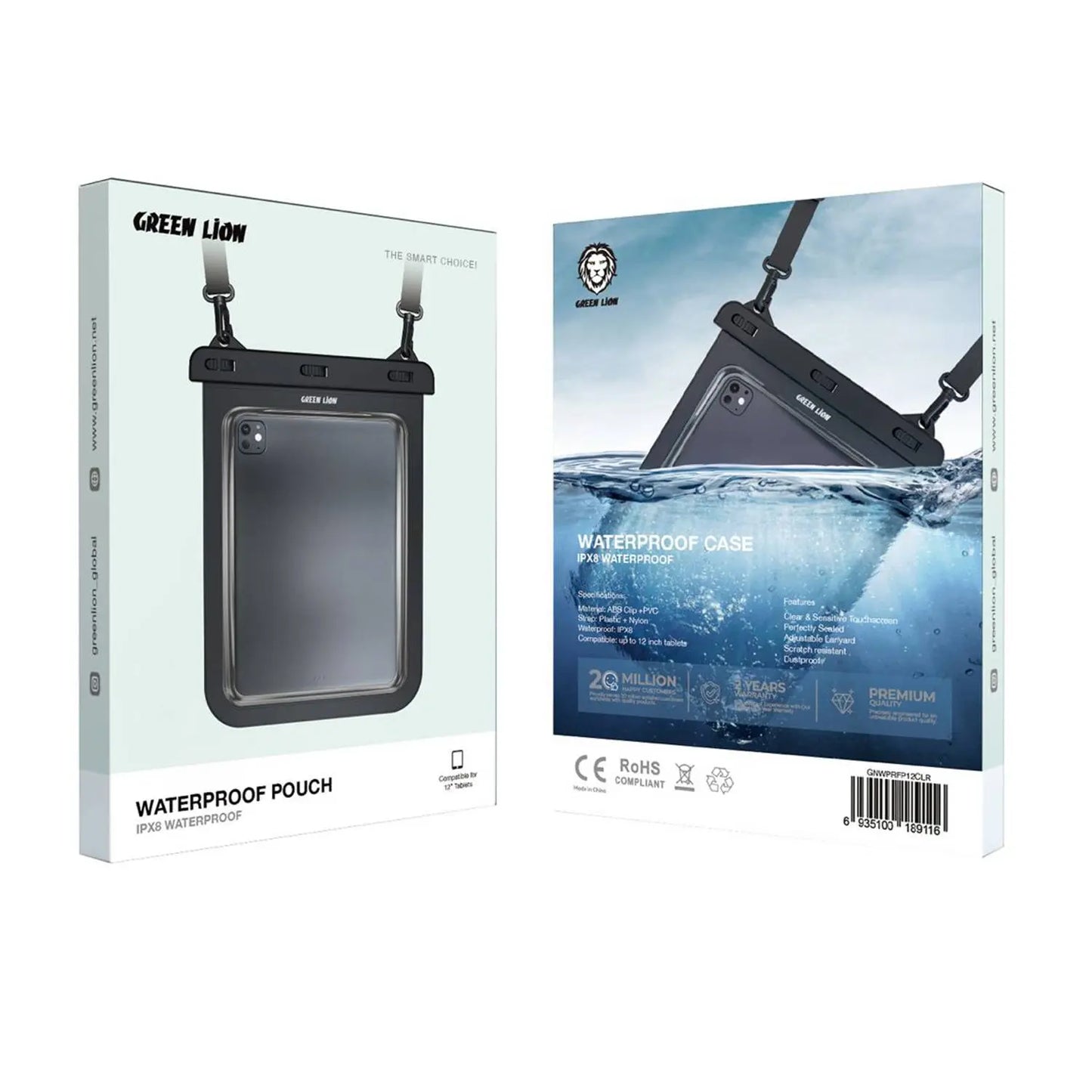 حقيبة Green Lion المقاومة للماء للأجهزة اللوحية مقاس 12 بوصة، شفافة