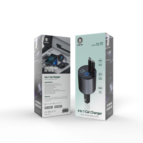 Green Lion 4 in 1 Car Charger with Retractable Cable - Gray