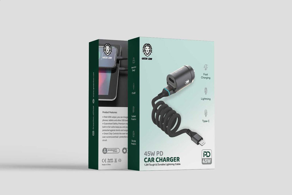 شاحن سيارة Green Lion 45W PD ومنفذ Type-C وكابل Lightning