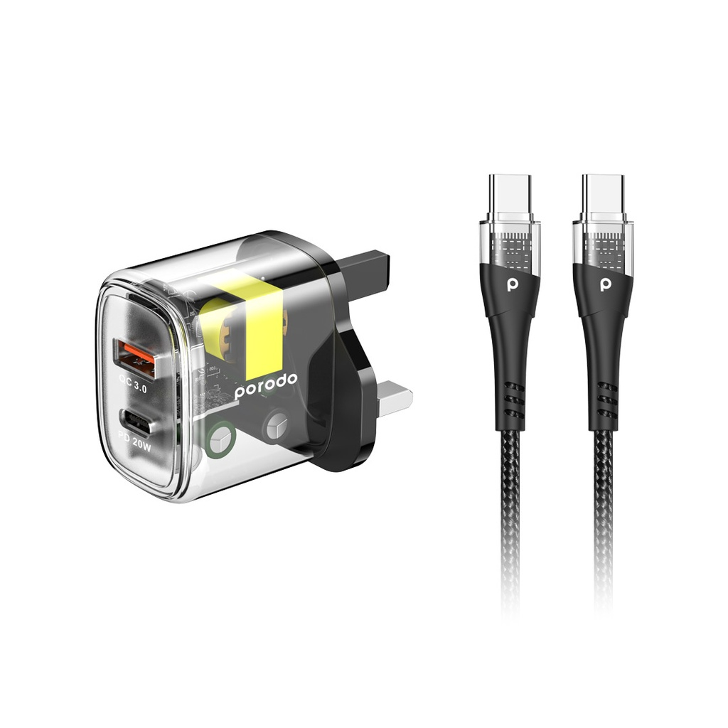 شاحن سريع شفاف بمخرجين مزدوجين من Porodo، USB-C PD وUSB-A QC مع كابل USB-C إلى USB-C بطول 1.2 متر في المملكة المتحدة