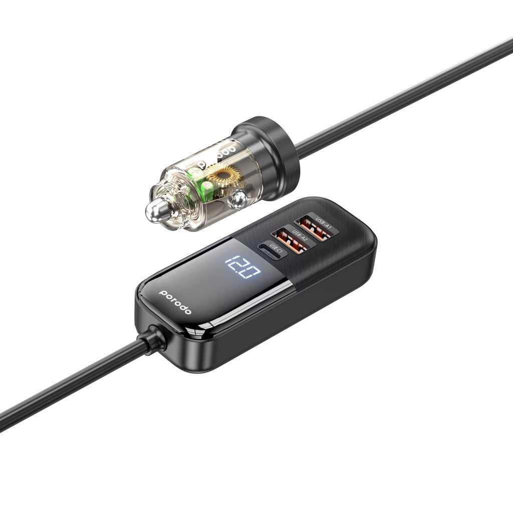 شاحن سيارة شفاف متعدد المنافذ بقوة 120 وات مع توسعة خلفية من بورودو - أسود