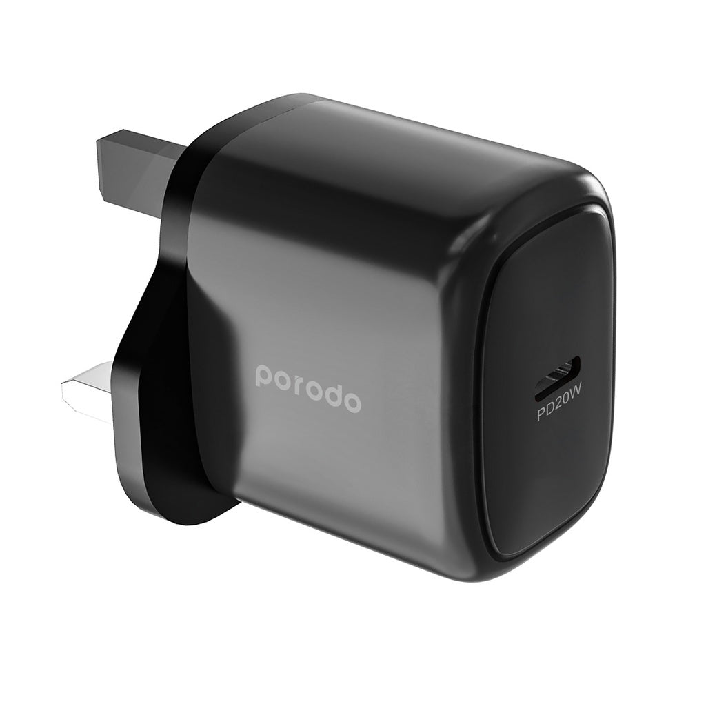 Porodo 20W Single USB C Charger UK With Type C to L Cable 1.2M - Black
