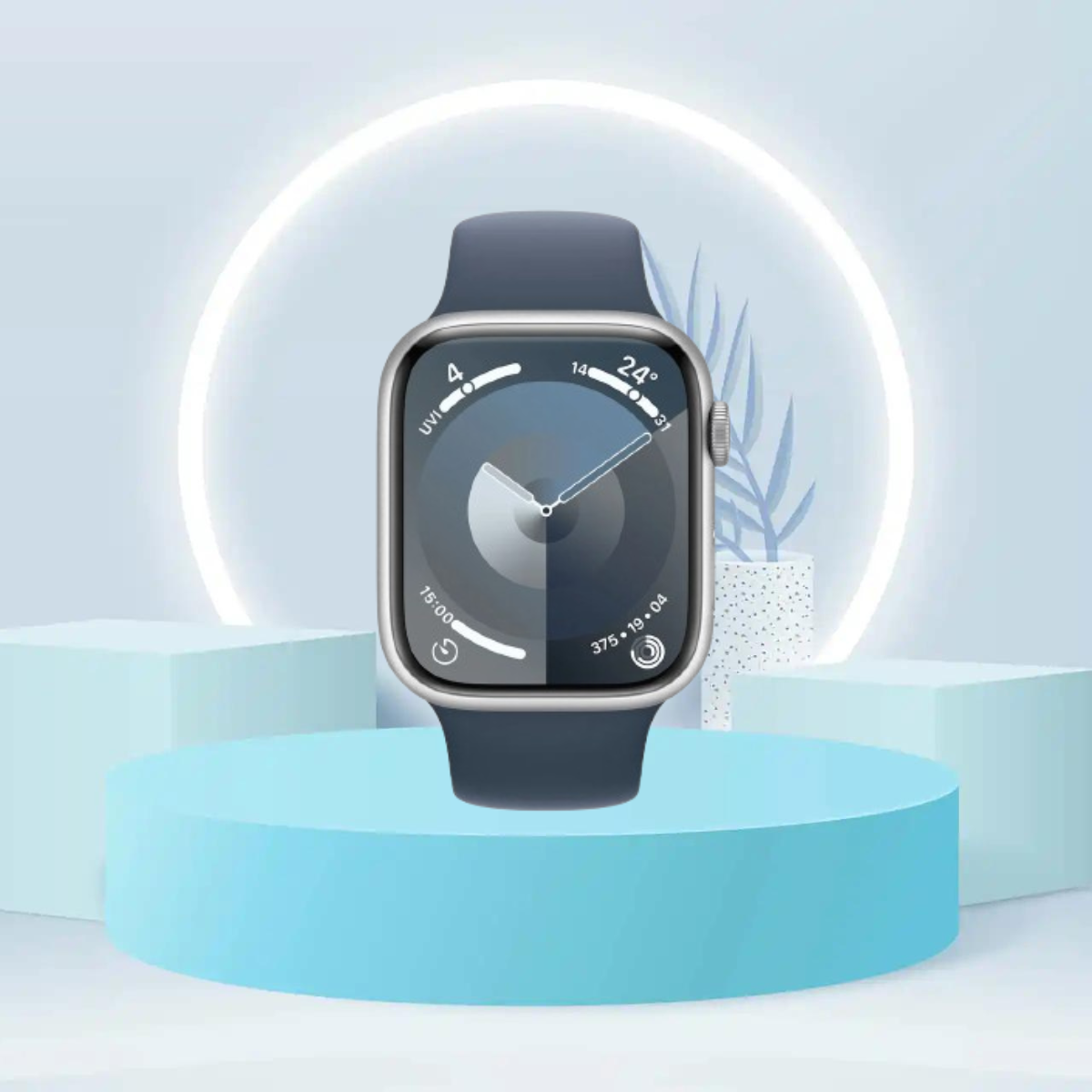 Apple Watch Series 9, GPS 45mm Silver Aluminium Case with Storm Blue Sport Band - M/L