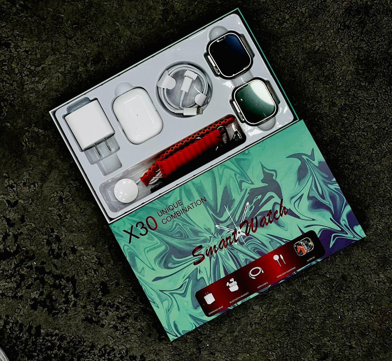 X30 Unique Combination 2 Smart Watches & AirPods Pro 2 with 2 Straps 1 Charger