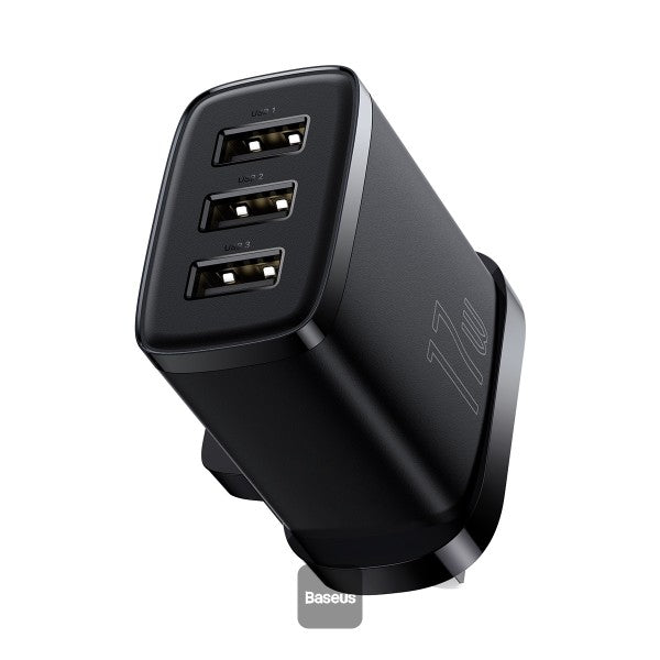 شاحن Baseus Compact 3U/17W/المملكة المتحدة - حجم صغير - شرائح التعرف الذكية - حماية أمان متعددة - أسود
