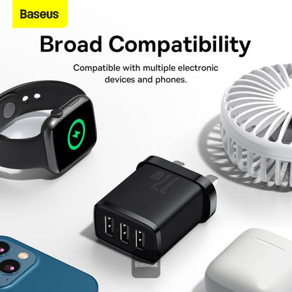 شاحن Baseus Compact 3U/17W/المملكة المتحدة - حجم صغير - شرائح التعرف الذكية - حماية أمان متعددة - أسود