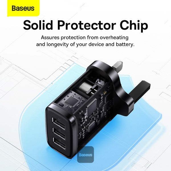 شاحن Baseus Compact 3U/17W/المملكة المتحدة - حجم صغير - شرائح التعرف الذكية - حماية أمان متعددة - أسود