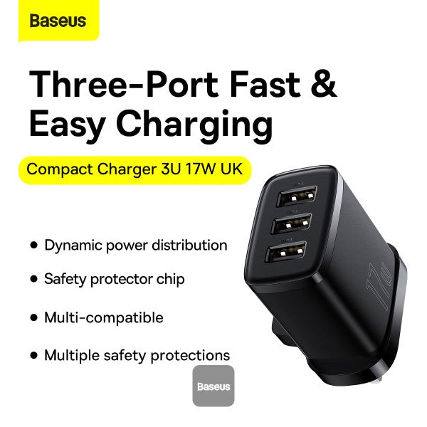 شاحن Baseus Compact 3U/17W/المملكة المتحدة - حجم صغير - شرائح التعرف الذكية - حماية أمان متعددة - أسود