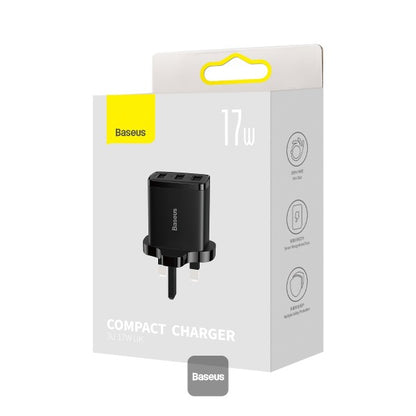 شاحن Baseus Compact 3U/17W/المملكة المتحدة - حجم صغير - شرائح التعرف الذكية - حماية أمان متعددة - أسود