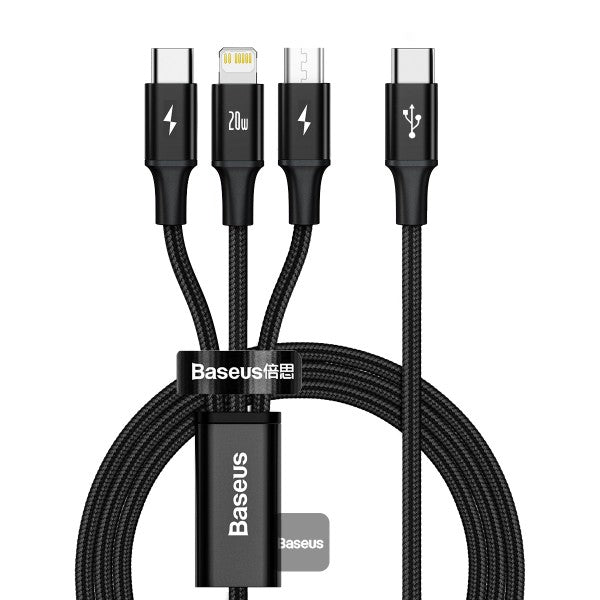 كابل بيانات سريع الشحن 3 في 1 من BASEUS Rapid Series Type-C إلى M+L+C PD بقوة 20 وات بطول 1.5 متر - أسود