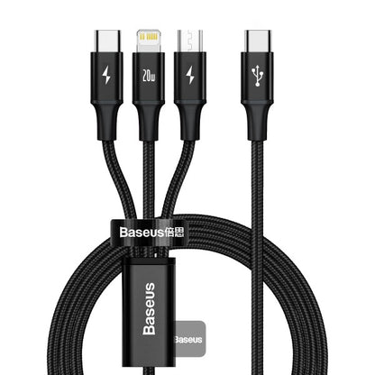 كابل بيانات سريع الشحن 3 في 1 من BASEUS Rapid Series Type-C إلى M+L+C PD بقوة 20 وات بطول 1.5 متر - أسود