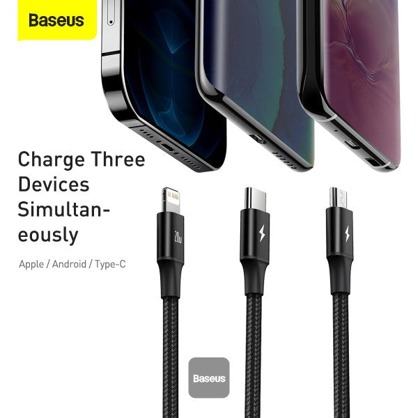 كابل بيانات سريع الشحن 3 في 1 من BASEUS Rapid Series Type-C إلى M+L+C PD بقوة 20 وات بطول 1.5 متر - أسود