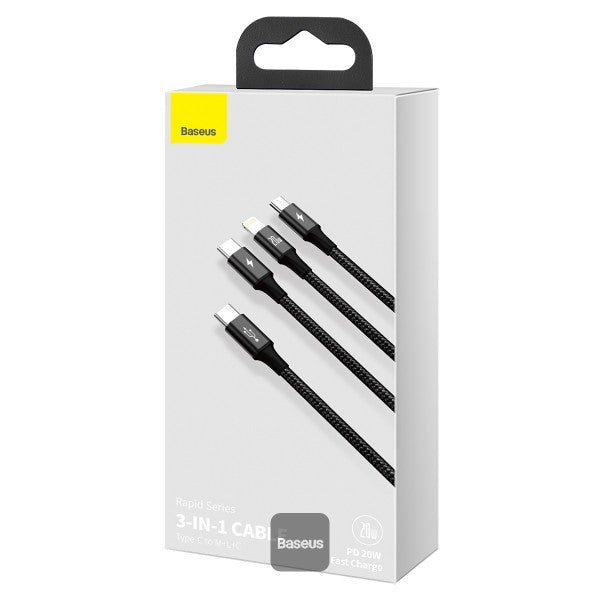 كابل بيانات سريع الشحن 3 في 1 من BASEUS Rapid Series Type-C إلى M+L+C PD بقوة 20 وات بطول 1.5 متر - أسود
