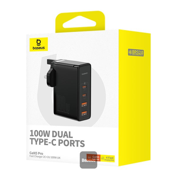 Baseus GaN5 Pro 100W 4 Port Fast Charger | 2 Type-C + 2 USB-A, UK Plug with 100W Fast Charging Data Cable Type-C (20V/5A) 1M - Black