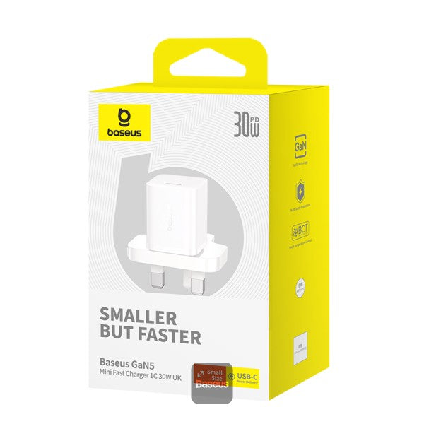 Baseus GaN5 30W Type-C Mini Fast Charger | UK Plug | Compatible With MacBook Pro/Air, iPad Pro, iPhone 15 Pro Max, Samsung S23 - White