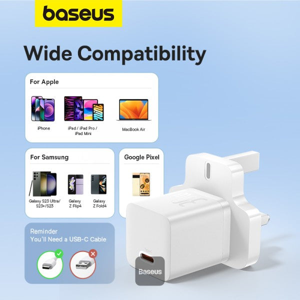 Baseus GaN5 30W Type-C Mini Fast Charger | UK Plug | Compatible With MacBook Pro/Air, iPad Pro, iPhone 15 Pro Max, Samsung S23 - White
