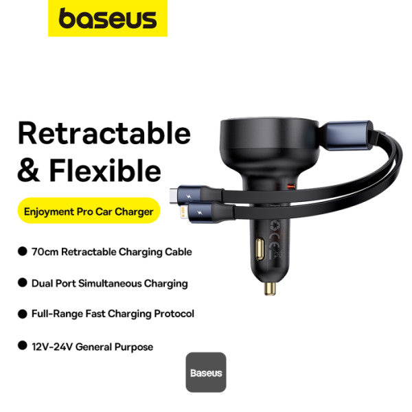 Baseus Car Charger Type-C Port + Type-C & Lightning Retractable Cable 60W Enjoyment Pro Series - Black