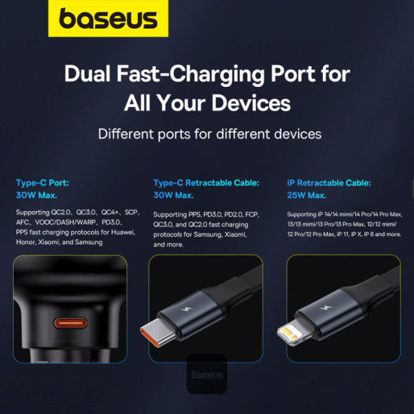 Baseus Car Charger Type-C Port + Type-C & Lightning Retractable Cable 60W Enjoyment Pro Series - Black