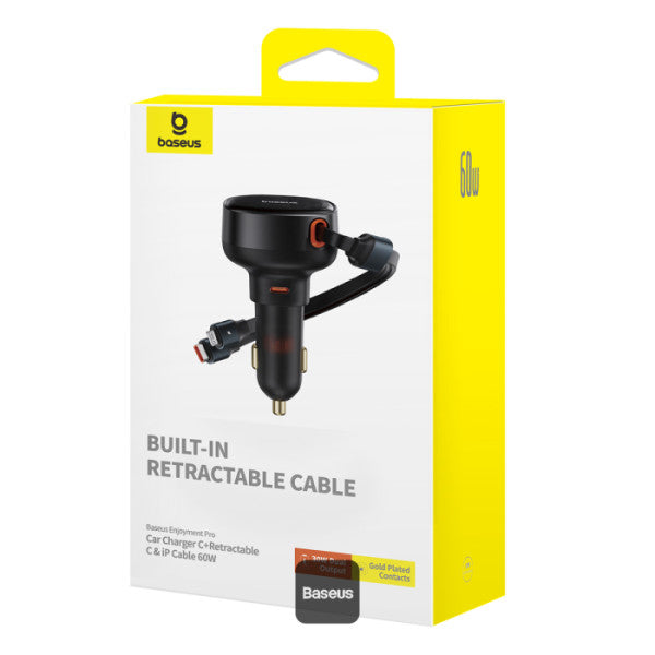 Baseus Car Charger Type-C Port + Type-C & Lightning Retractable Cable 60W Enjoyment Pro Series - Black