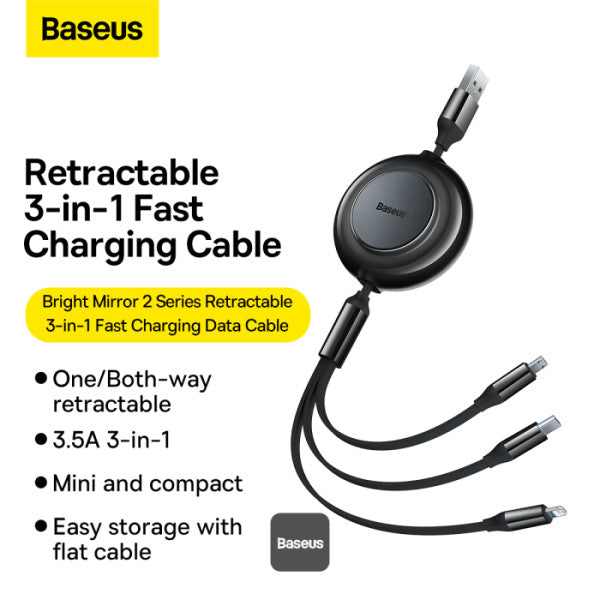 Baseus Bright Mirror 2 Series Retractable Cable | 3 in 1 Fast Charging Data Cable | USB-A to Type-C + Lightning + Micro | 3.5A | 1.1M - Black