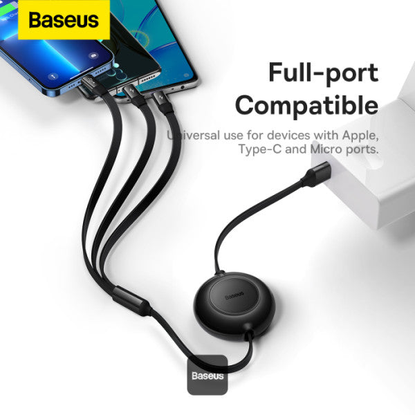 Baseus Bright Mirror 2 Series Retractable Cable | 3 in 1 Fast Charging Data Cable | USB-A to Type-C + Lightning + Micro | 3.5A | 1.1M - Black