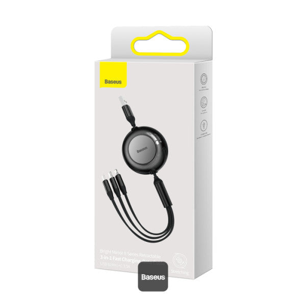 Baseus Bright Mirror 2 Series Retractable Cable | 3 in 1 Fast Charging Data Cable | USB-A to Type-C + Lightning + Micro | 3.5A | 1.1M - Black