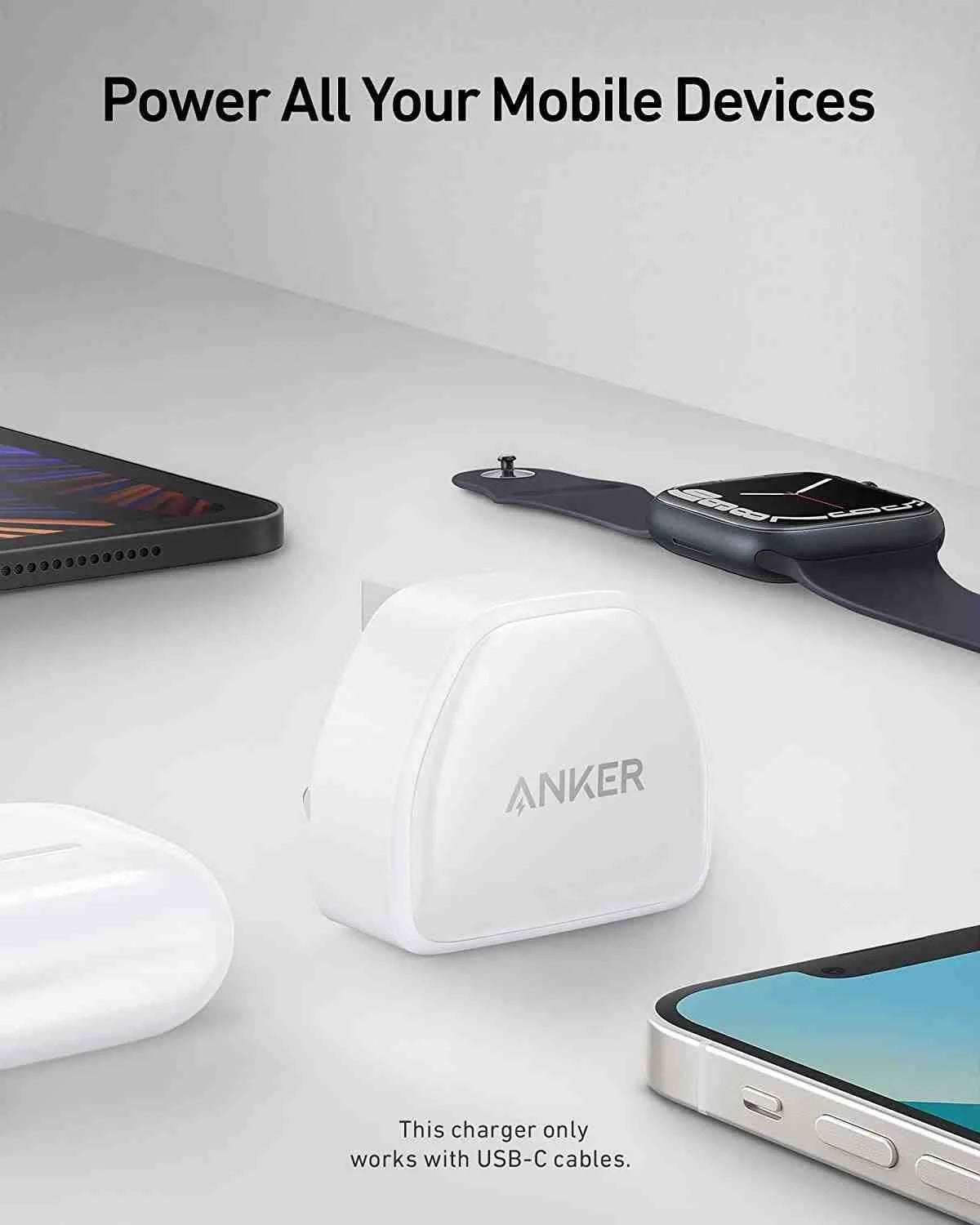 Anker PowerPort III Nano Mobile Charger / 20W / Fast Charging / USB-C / A2633V22 - White + Anker Powerline III Flow USB-C With Lightning Cable 6ft A8663H61