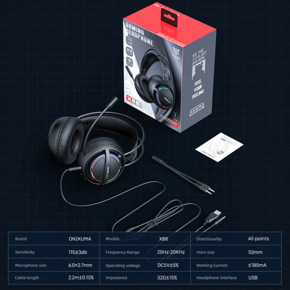 ONIKUMA X88 RGB Gaming Headset  360° Rotatable Mic & Comfortable Earmuffs
