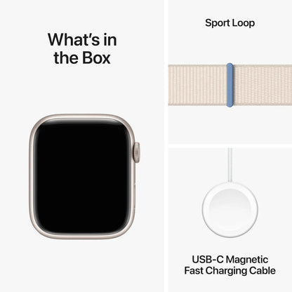 ساعة Apple Watch Series 9، GPS + Cellular، هيكل Starlight من الألومنيوم مقاس 45 مم مع حزام Starlight الرياضي