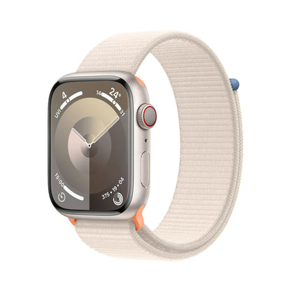 ساعة Apple Watch Series 9، GPS + Cellular، هيكل Starlight من الألومنيوم مقاس 45 مم مع حزام Starlight الرياضي