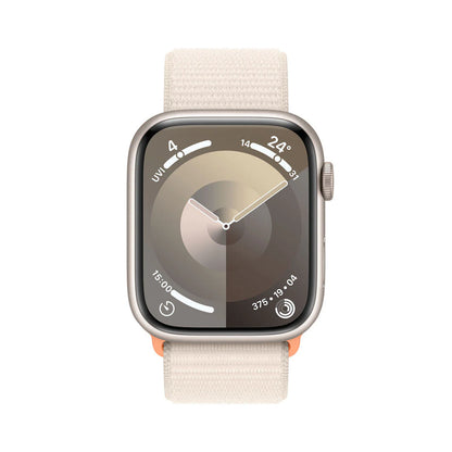 ساعة Apple Watch Series 9، GPS + Cellular، هيكل Starlight من الألومنيوم مقاس 45 مم مع حزام Starlight الرياضي