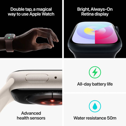 ساعة Apple Watch Series 9، GPS + Cellular، هيكل Starlight من الألومنيوم مقاس 45 مم مع حزام Starlight الرياضي