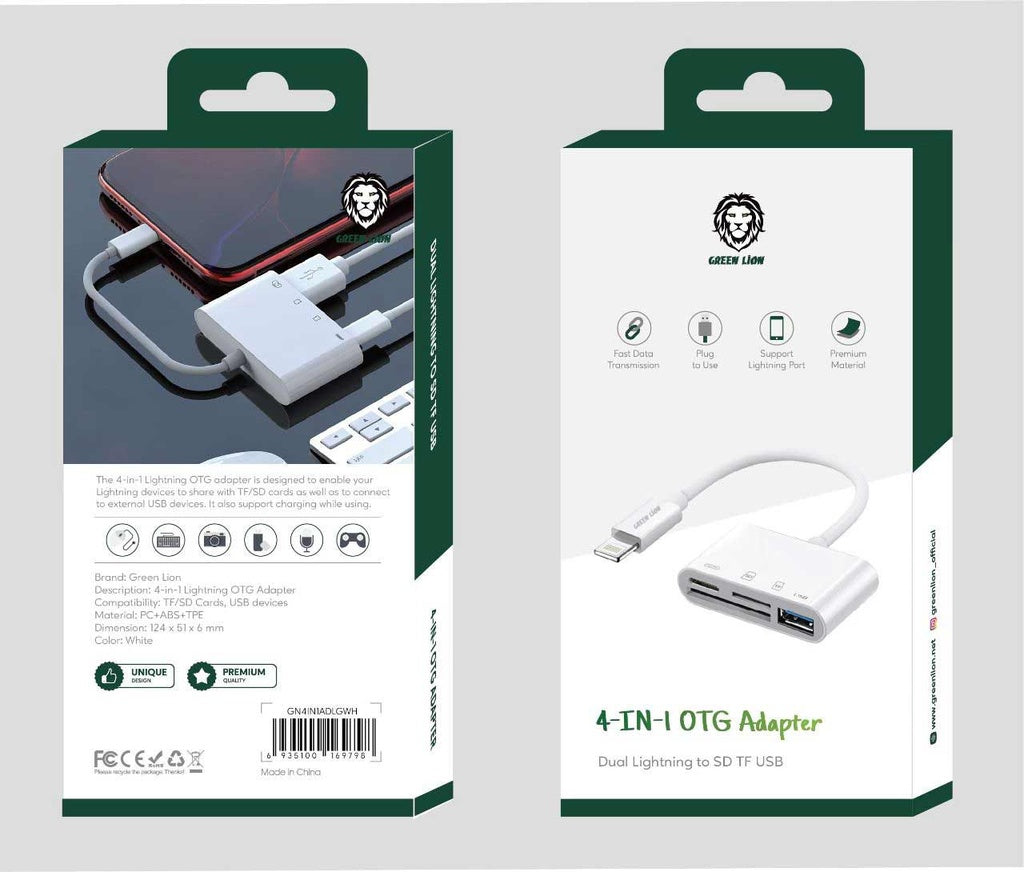 Green 4-In-1 Lightning OTG Adapter with SD TF Card Slots Type-C and USB-A Ports