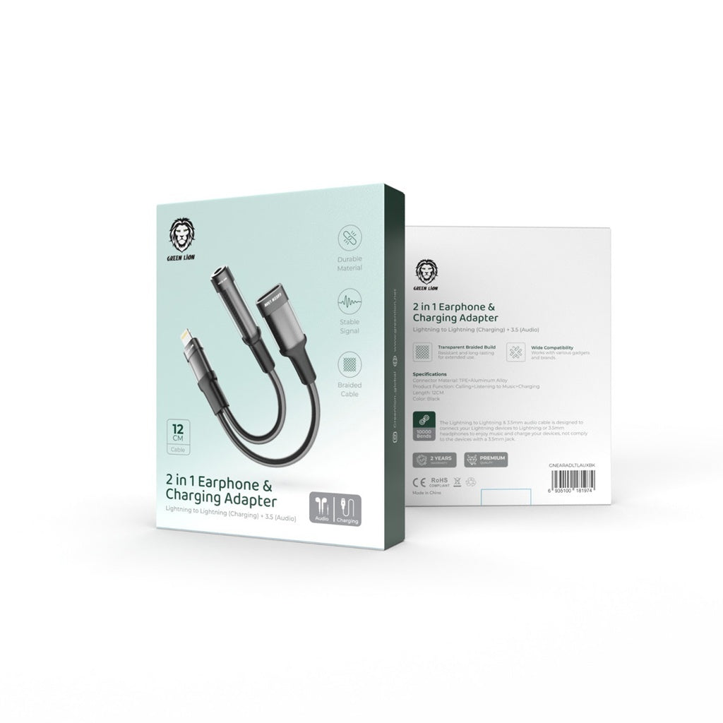 Green Lion 2 in 1 Earphone & Charging Adapter Lightning to Lightning + 3.5 12CM -Black