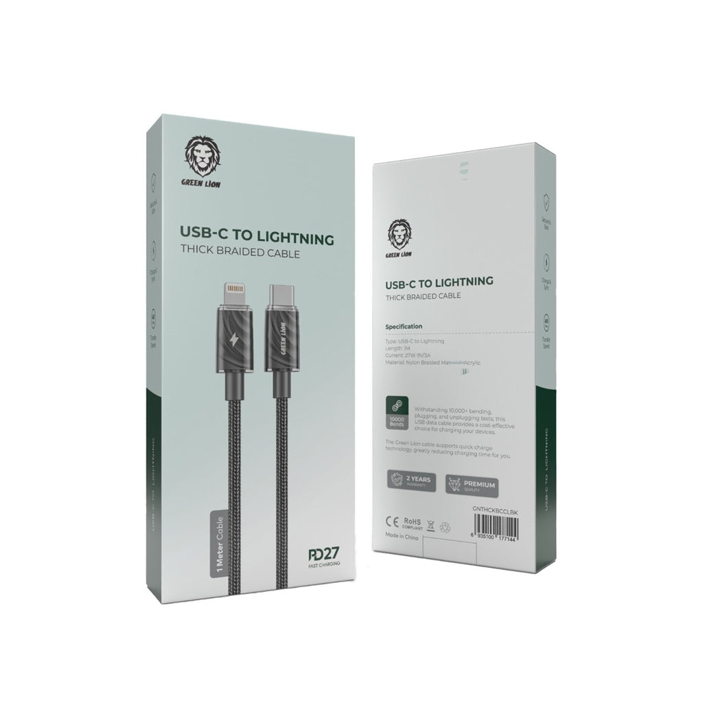 Green Lion USB-C to Lightning Thick Braided Cable 1M PD 27W - Black