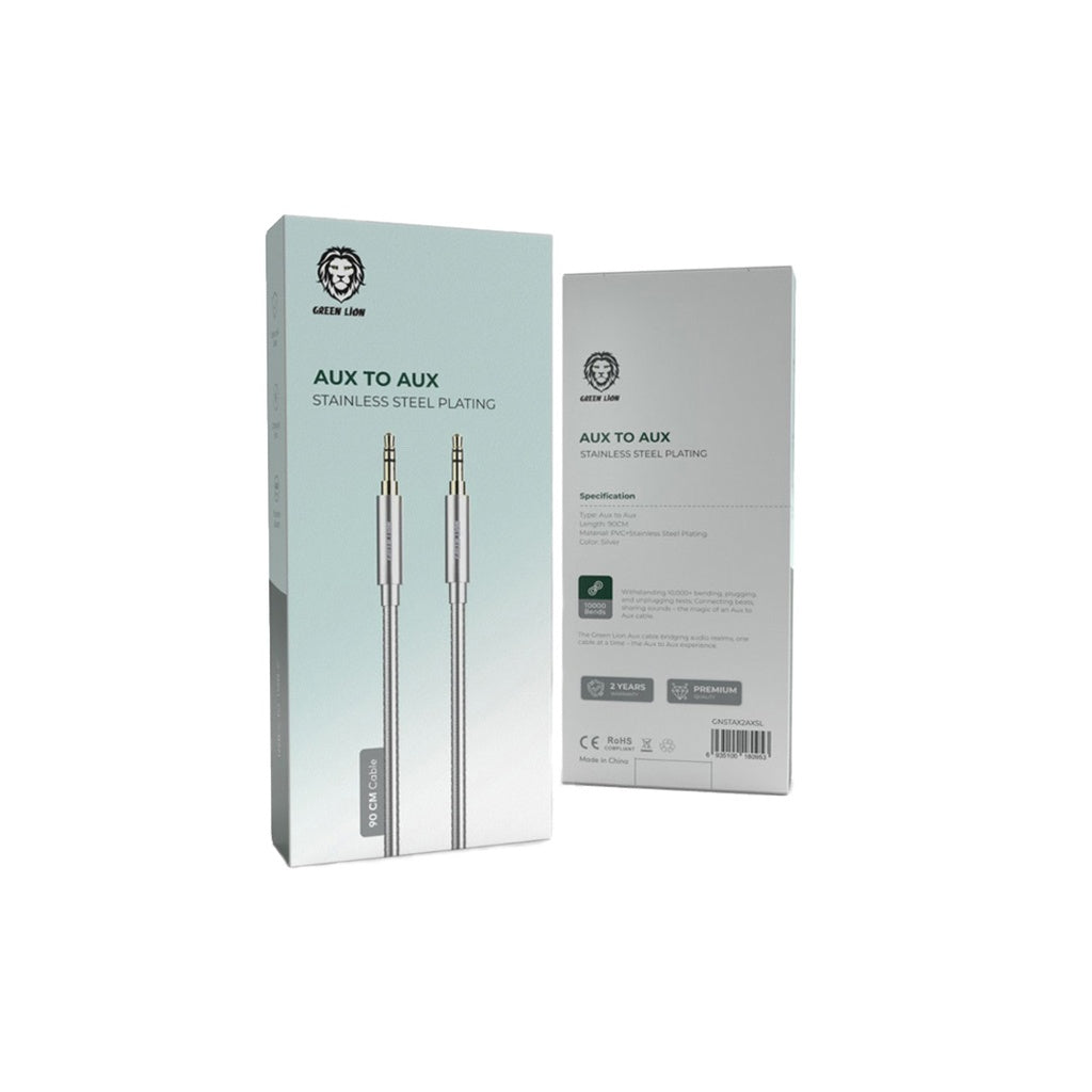 Green Lion Non-MFi AUX 3.5mm to AUX 3.5mm Stainless Steel Plating Cable 90cm- Silver